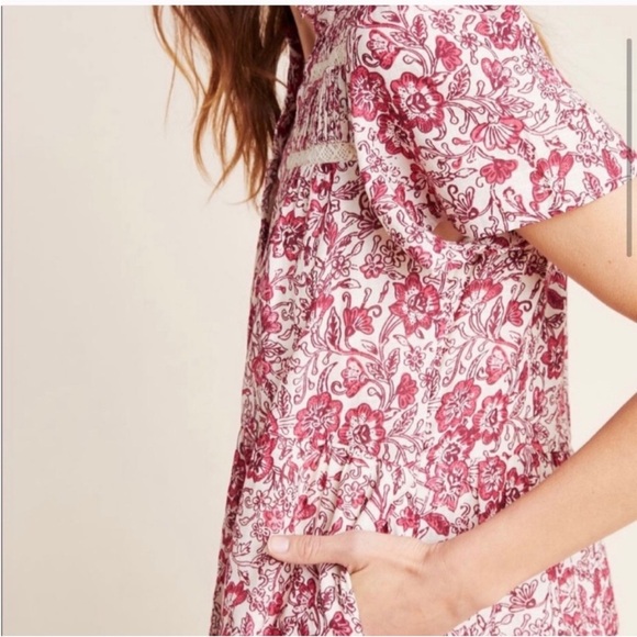 Anthropologie Georgina Mini Spring Boho Cotton Dress Pink Floral Trim - Picture 16 of 16